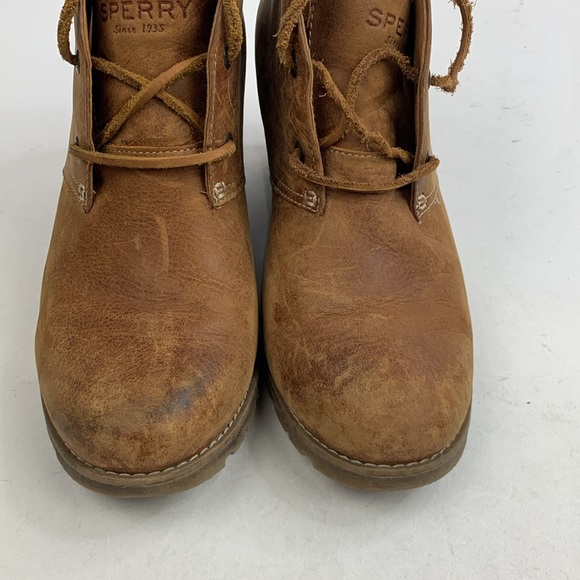 Sperry Wedge Heel leather Booties Boots Size 8.5 Light Brown Leather laces - Picture 13 of 14